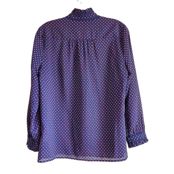 J CREW Women 6 Blouse Top Navy Chiffon Blue & Pink Polka Dots Front Keyhole 38" - Picture 8 of 8